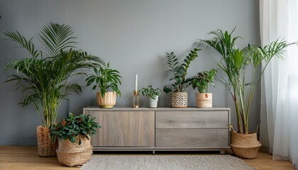 Ai Generate Stylish scandinavian interior with design commode and beautiful composition of plants in different hipster pots Modern home decor Gray background wall Minimalistic concept  Home garden