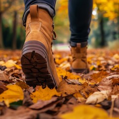 Close-up of Brown Boots Stepping on Autumn Leaves