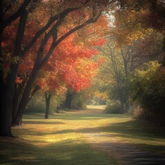 Obraz premium Sunlit Path Through Autumn Foliage