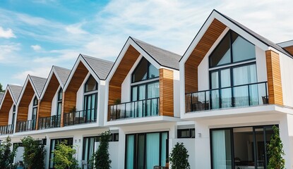 Fototapeta premium Row of modern, white townhouses with wooden accents and balconies against a blue sky.