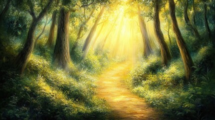 Fototapeta premium A trail through a forest with sunlight filtering in, symbolizing the journey ahead and the beauty of stepping into new beginnings