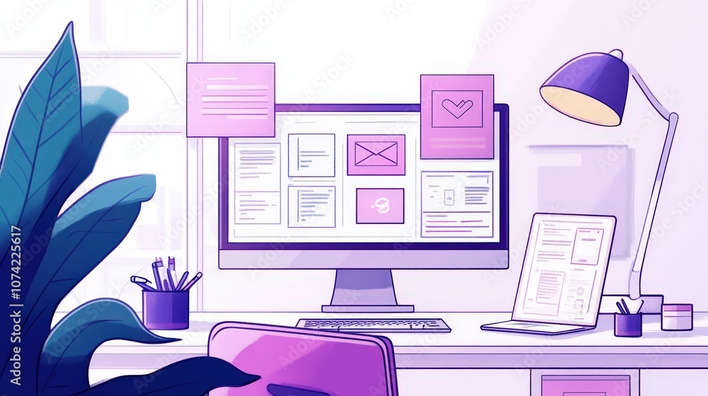 Poster a ux designer's desk with wireframes, user flow diagrams, and a laptop displaying a sleek app interf