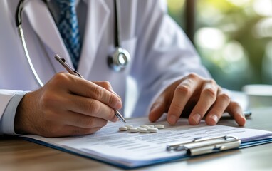 A Doctor's Careful Hand: Writing a Prescription, Pills Close By