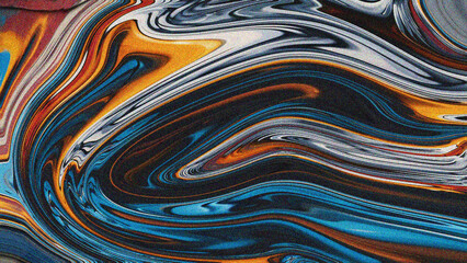 A vibrant, swirling abstract design featuring dynamic waves of blue, orange, black, and white. The fluid shapes and rich colors create a sense of motion and energy.