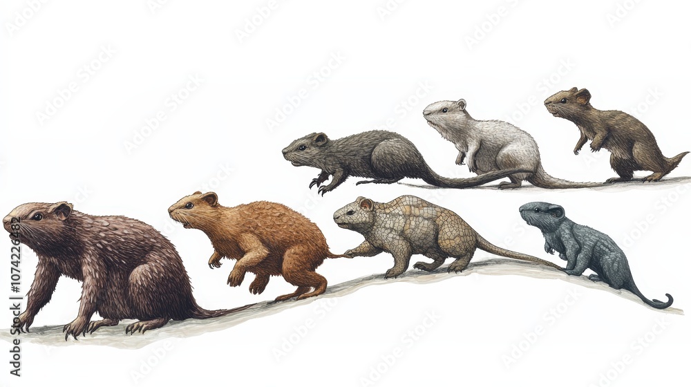 Poster a visual comparison of different evolutionary paths of early mammals, illustrating how some adapted 