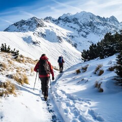 Two Hikers Ascend Snowy Mountain Path
