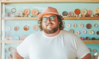 Proud Collector with Vintage Button Display in Warm Retro Style