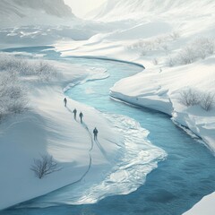 Obraz premium Four Hikers Traversing a Snowy Mountain Valley with a Winding River