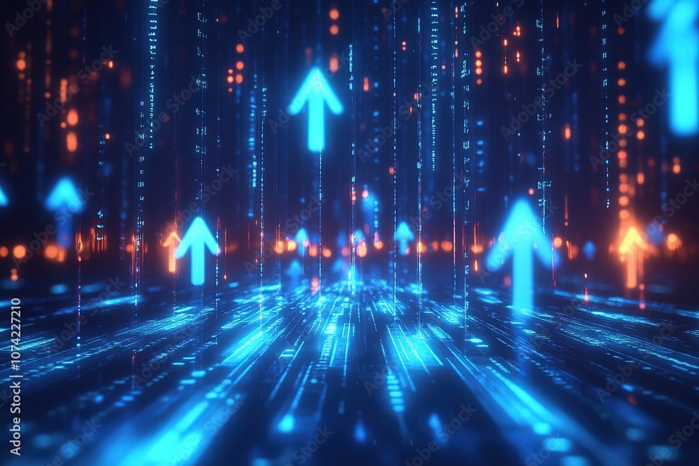 Poster abstract digital background with blue arrows rising from a network of lines and glowing dots, repres