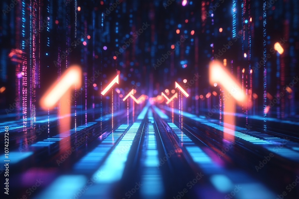 Poster abstract digital tunnel with glowing orange arrows pointing forward in a futuristic cyberspace.