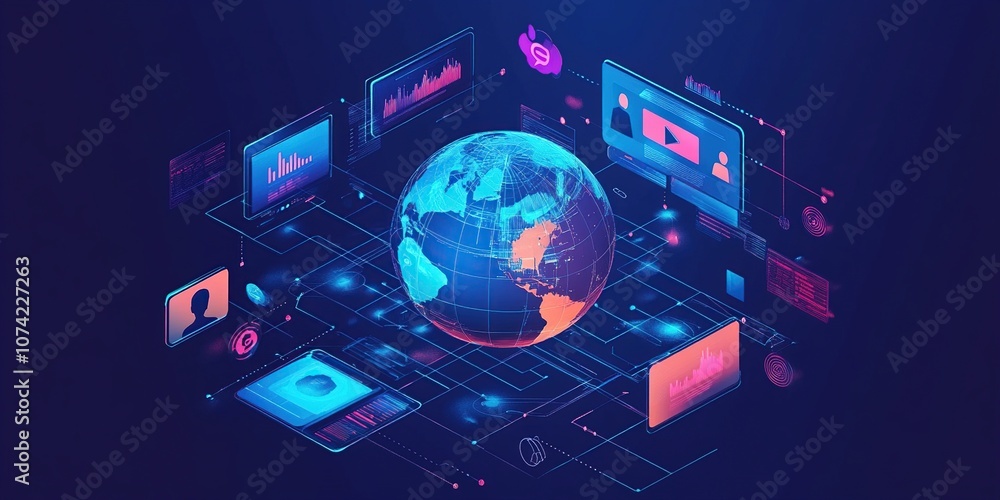 Poster global network with interconnected devices and social media platforms.