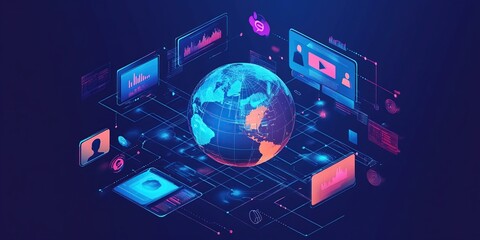 Global network with interconnected devices and social media platforms.