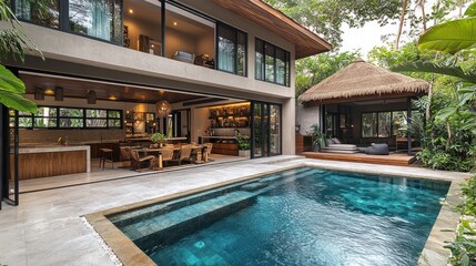 Fototapeta premium Modern villa with swimming pool and tropical garden.