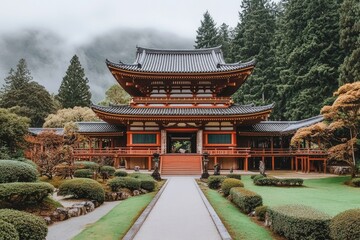 Fototapeta premium Explore the Serene Beauty of a Traditional Temple in a Lush Green Garden with Misty Mountains in the Background