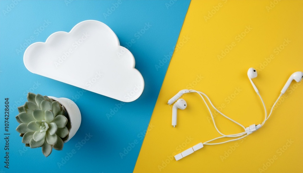 Poster ai generate the top view of creative desk with mock up cloud, office accessories and succulent blue 