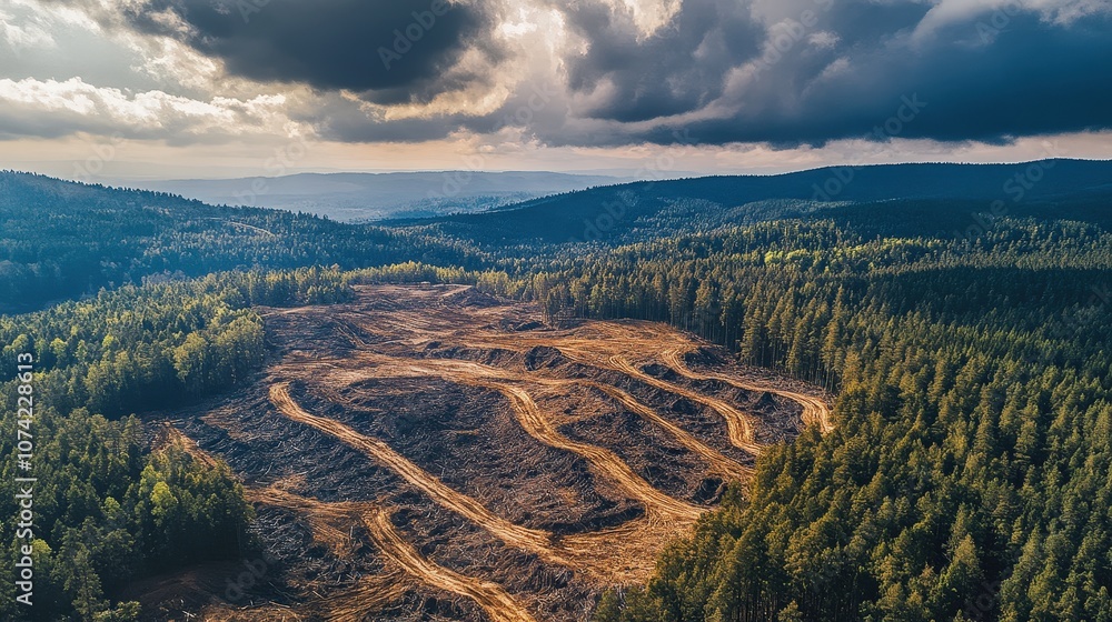 Poster aerial view of a sprawling forest with patches of deforestation, showing the impact of logging and t
