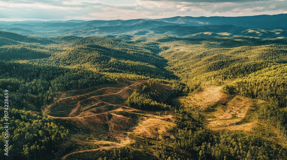 Poster aerial view of a sprawling forest with patches of deforestation, showing the impact of logging and t