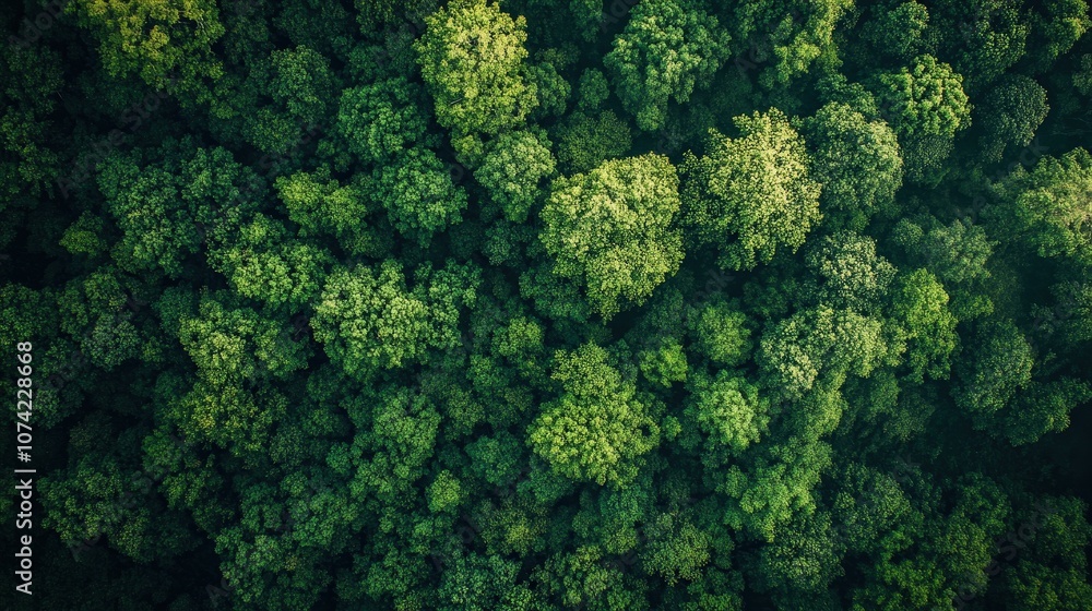 Poster aerial view of a sprawling forest with patches of deforestation, showing the impact of logging and t