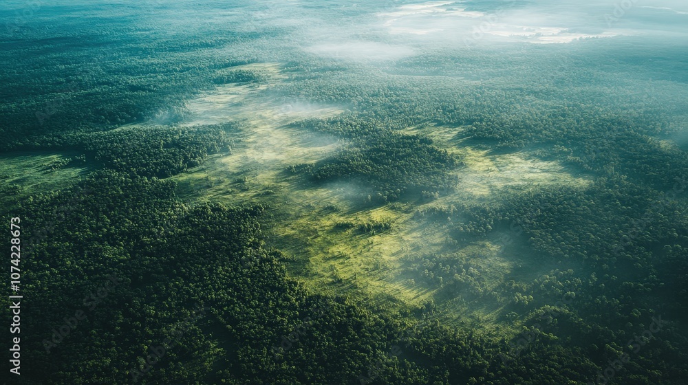 Poster aerial view of a sprawling forest with patches of deforestation, showing the impact of logging and t