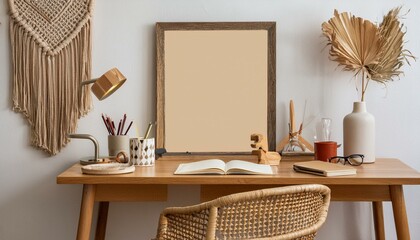 Ai Generate Stylish bohemian interior of home office space with wooden desk, rattan armchair, brown mock up poster frame, macrame, office supplies, lamp, decoration and elegant personal accessories 