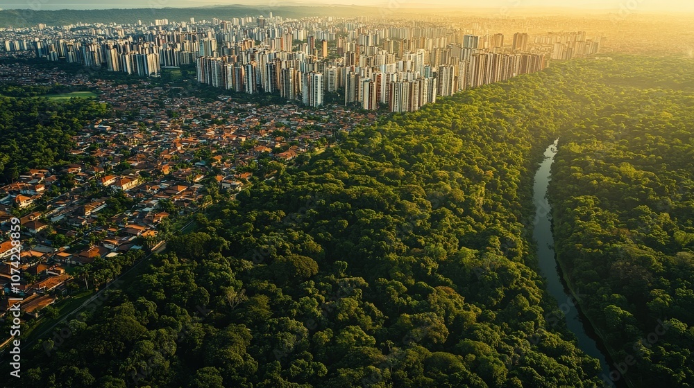 Poster aerial view of urban sprawl next to a forest, emphasizing the balance needed between development and