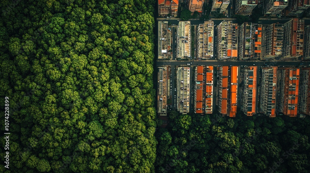 Poster aerial view of urban sprawl next to a forest, emphasizing the balance needed between development and