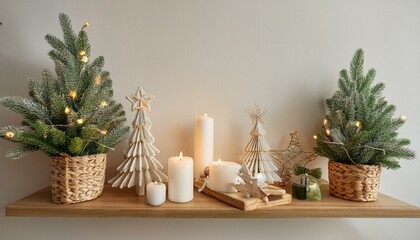 Ai Generate Christmas composition on the shelf in the living room interior Beautiful decoration Christmas trees, candles, stars, light and elegant accessories Merry Christmas and Happy Holidays, 