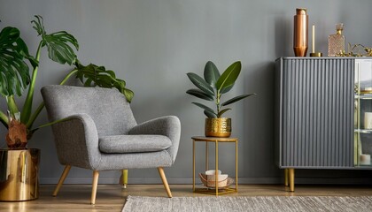 Ai Generate Stylish and modern composition of living room with design gray armchair, gold liquor cabinet, plants and elegant personal accessories Gray wall panelling with shelf Modern home decor 