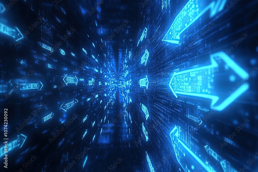 Poster abstract digital tunnel with glowing arrows representing data flow and technology advancement.