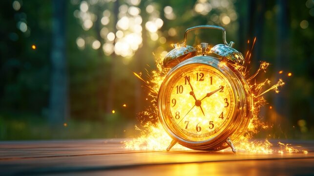Explosive time limited offer concept with fiery alarm clock in outdoor setting