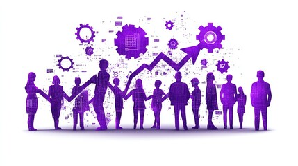 A group of business professionals collaborating while gears symbolize growth and teamwork in a corporate environment. on a white background