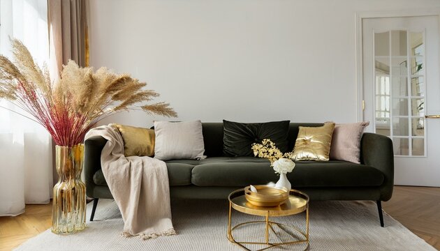 Ai Generate Luxury and minimalistic composition of home interior design with stylish velvet sofa, pillows, gold coffee table, flowers in vase and elegant accessories Modern home decor  White walls