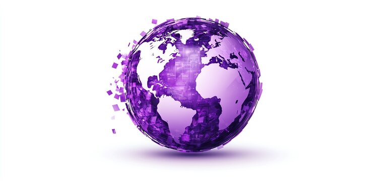 A digitally globe showcasing a purple theme, representing global connectivity and technological advancements. on a white background