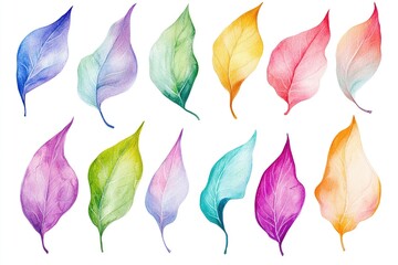 Obraz premium Watercolor illustration of 12 colorful leaves isolated on a white background.