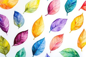 Obraz premium Colorful watercolor leaves pattern on white background.