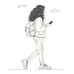 Woman with Backpack Walking Outdoors in Line Art