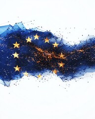 Obraz premium A vibrant depiction of the European flag, intertwining stars and dynamic colors, symbolizing unity and heritage. on a white background