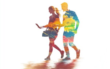 Obraz premium A vibrant, artistic representation of two individuals connecting through technology, blending nature and imagination. on a white background