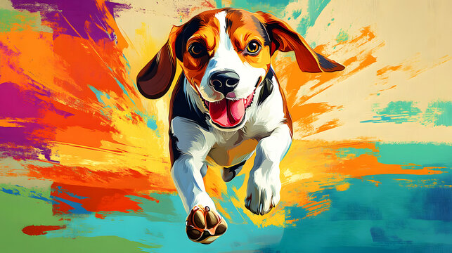 Pop art style beagle dog running towards you