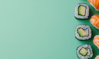 Sushi Rolls with Avocado and Salmon on Green Background