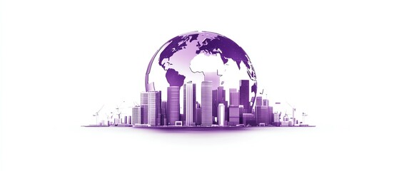 A modern city skyline with a globe illustration, representing global urbanization and architecture in a vibrant purple hue. on a white background