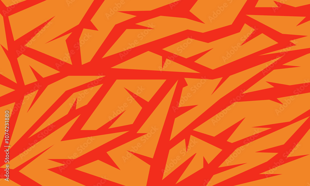 Poster abstract, chaotic pattern of red lines on an orange background, creating a dynamic and energetic vis