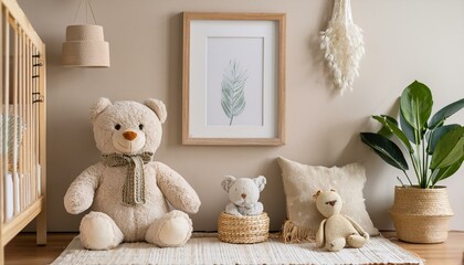Ai Generate Stylish scandinavian nursery interior with mock up photo frame, teddy bear, design furniture, pillows and accessories Beautiful decoration on the beige background wall Home decor for child