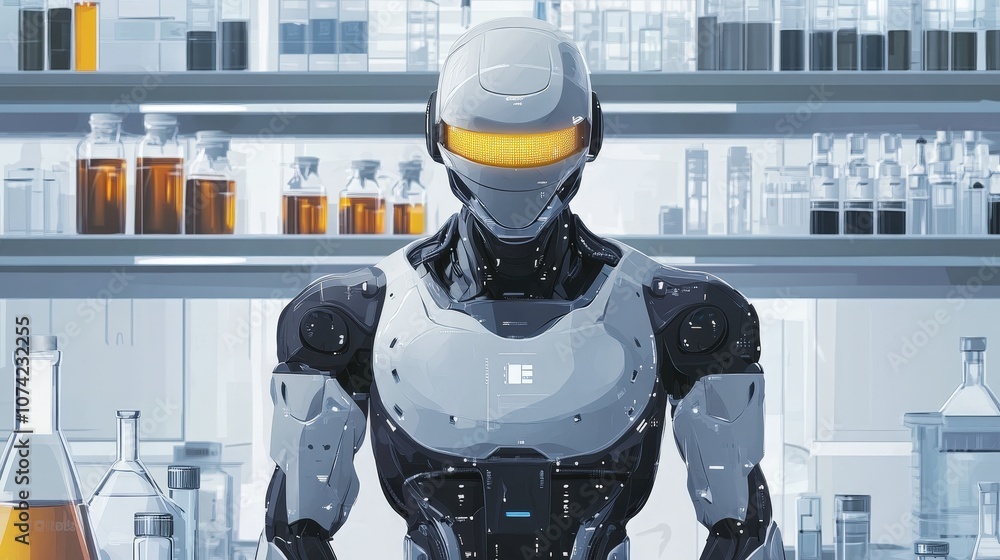Poster futuristic robot in laboratory setting surrounded by glassware and chemical solutions, symbolizing a