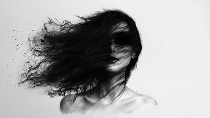 Fototapeta premium Black and white illustration of the silhouette of a woman with her hair blowing in the wind isolated white background. The hair is flowing around her face. Abstract, evocative and surrealistic.