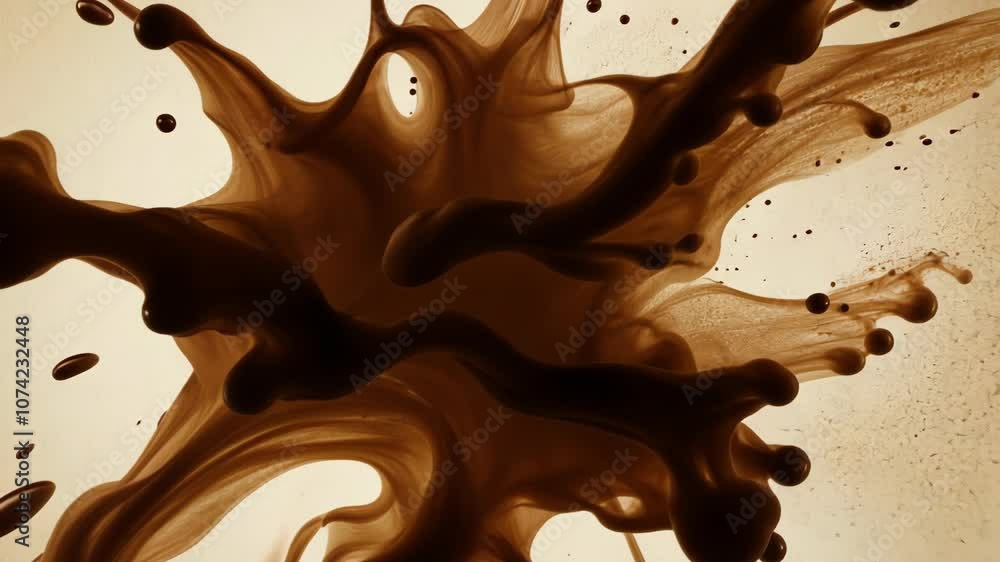 Poster a close-up shot of a brown liquid splashing and creating an abstract pattern on a white background