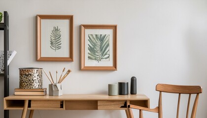 Ai Generate Design scandinavian interior of home office space with stylish chair, wooden desk, ladder, cube, commode, elegant accessories and mock up posters frames Stylish home decor  White wall