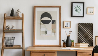 Ai Generate Design scandinavian interior of home office space with stylish chair, wooden desk, ladder, cube, commode, elegant accessories and mock up posters frames Stylish home decor  White wall