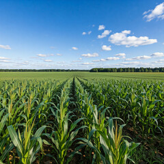 corn field with sky and clouds. green agricultural farming land with green crops.