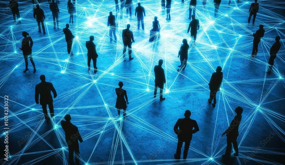 Poster a group of people stand on a network of interconnected lines, symbolizing the power of connection an